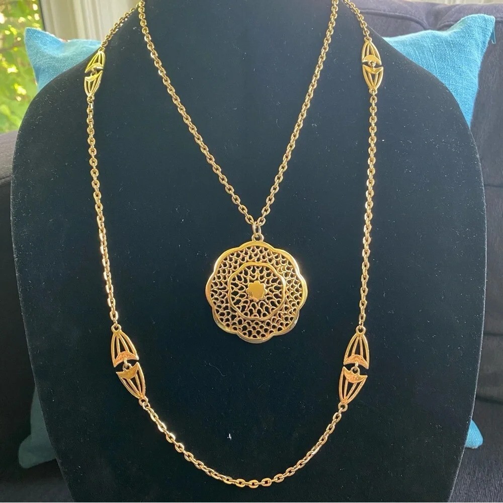 Vintage Multilayer Intricate Gold Tone Necklace with Large Pendant - Picture 3 of 16